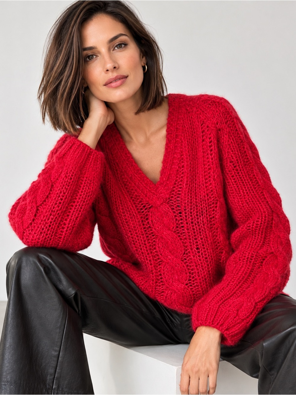Vintage Red Mohair Wool Cable Knit Sweater Made in Italy Size 36